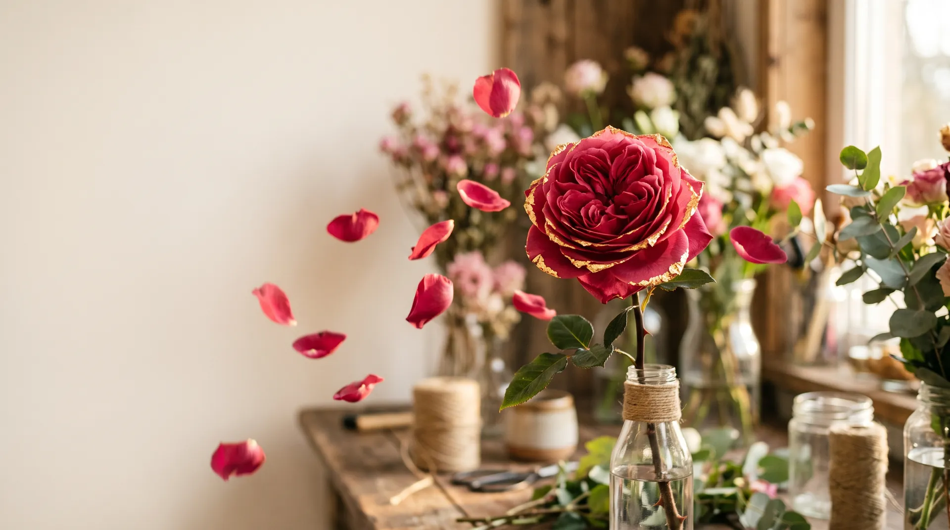 A deep-rose garden rose with gold-edged petals in a florist's workshop, loose petals lifting into the air